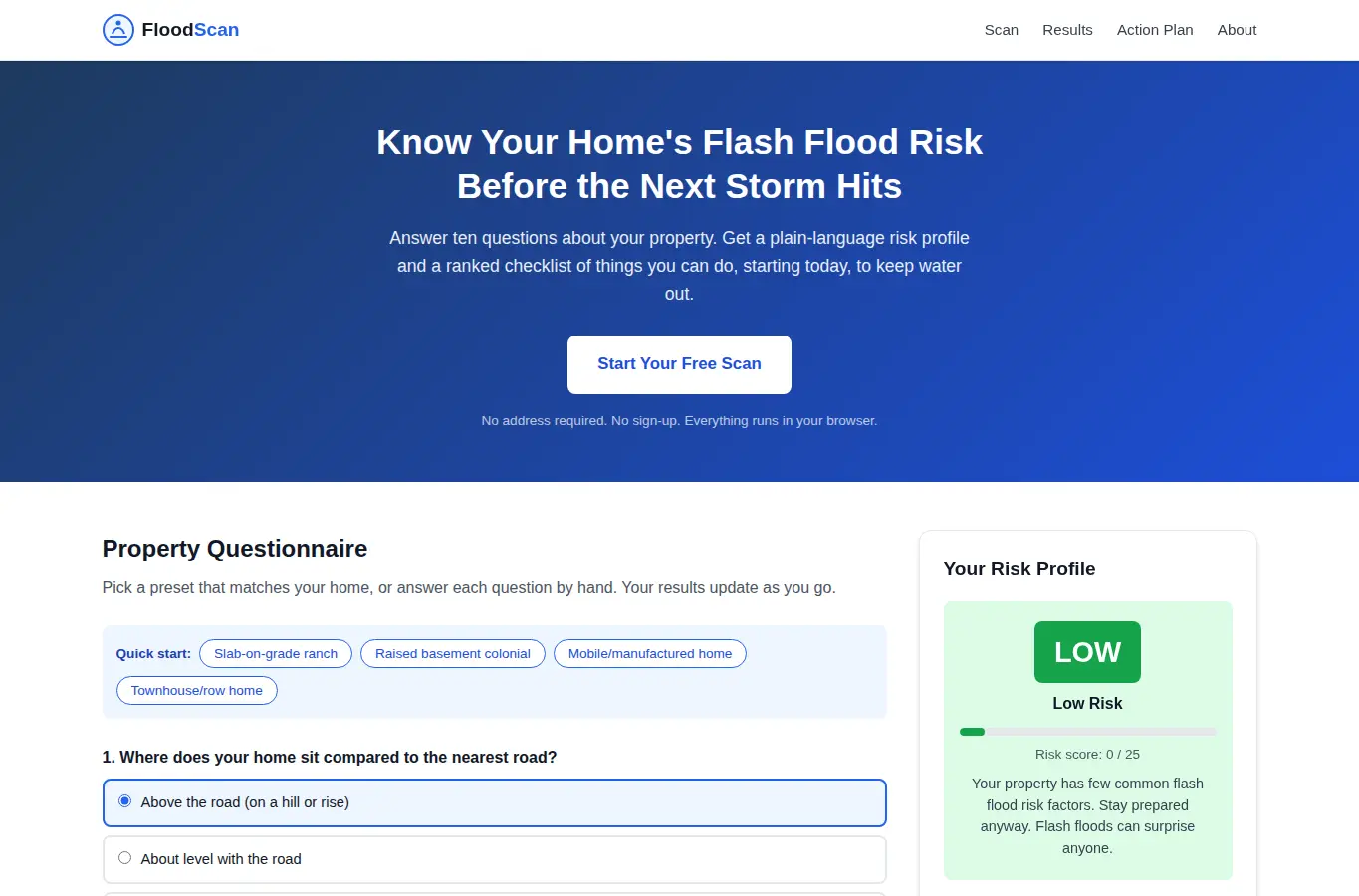 Screenshot of Flash Flood Zone Home Risk Scan interface showing the project page in use